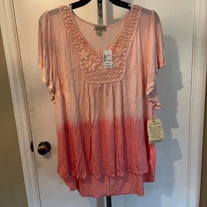 One World Womens Peasant Top, Notched Scoop Neck, Lace Embroidered Bib Front, 2X